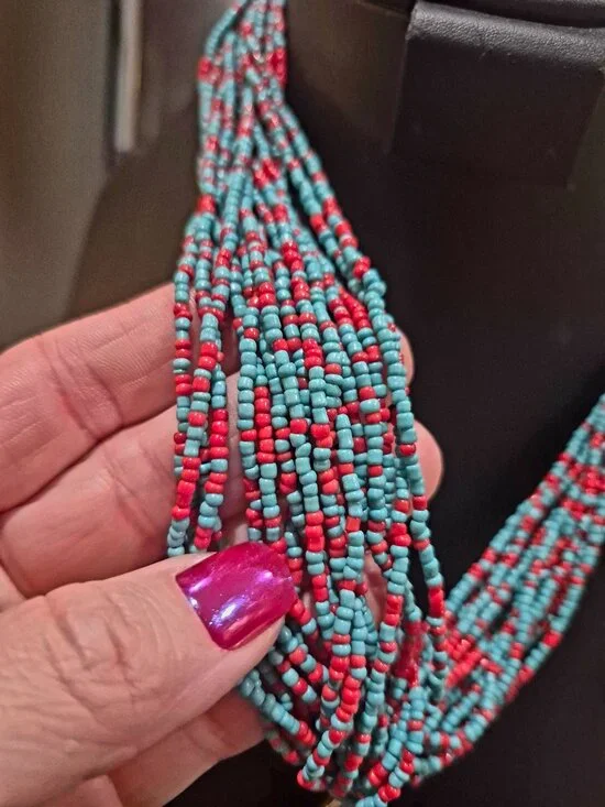 Vintage Bohemian style seed bead coral and turquoise necklace - Picture 4 of 7